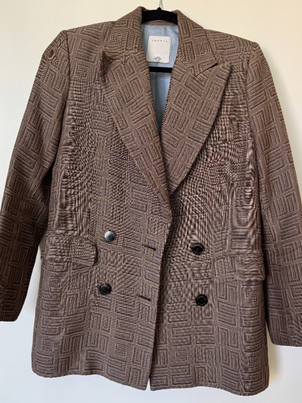 Sandro Paris Brown Geometric Jacquard Double-Breasted Blazer Size 34